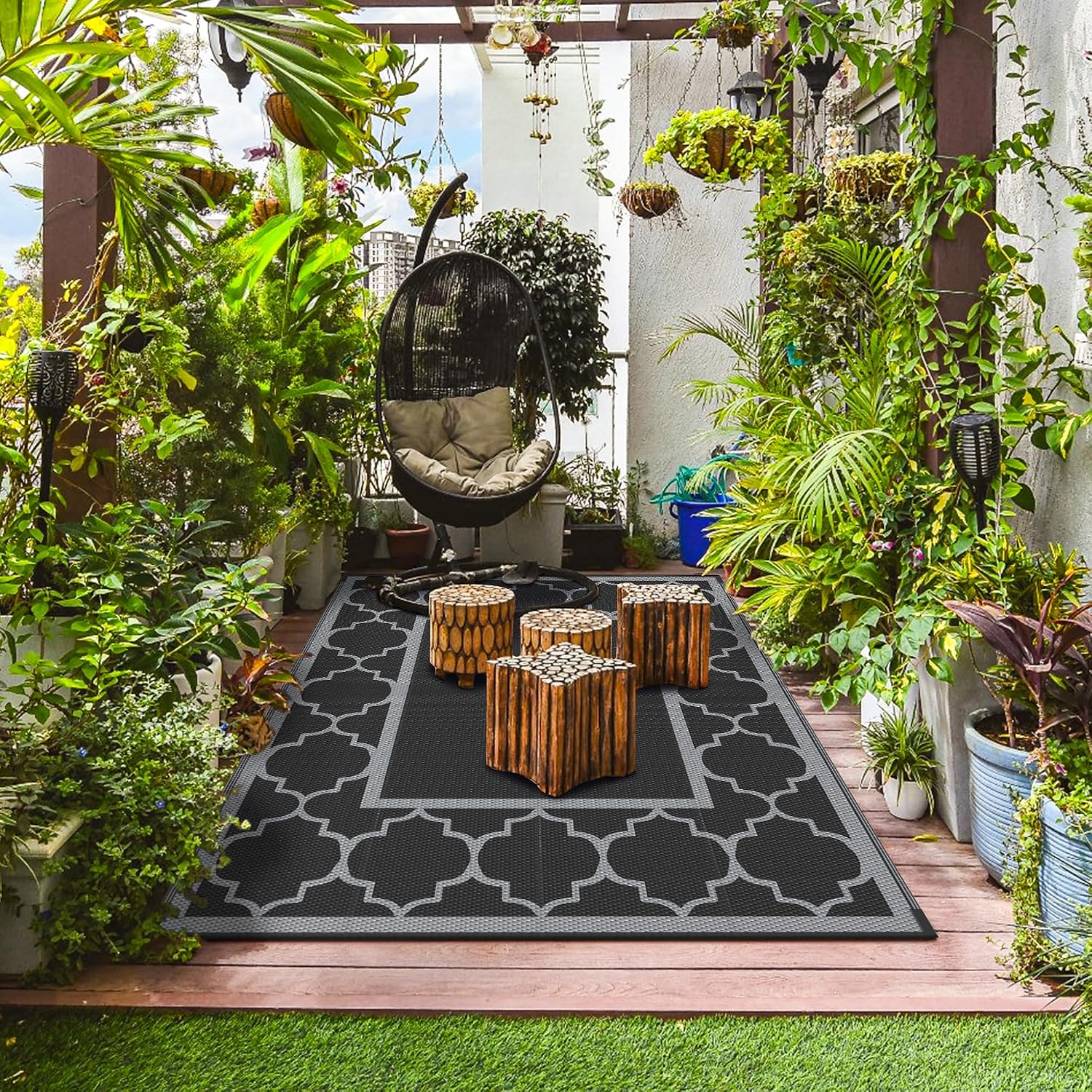 GENIMO Outdoor Rug, Waterproof Plastic Rugs for Patio, 6'x9' Black Gray