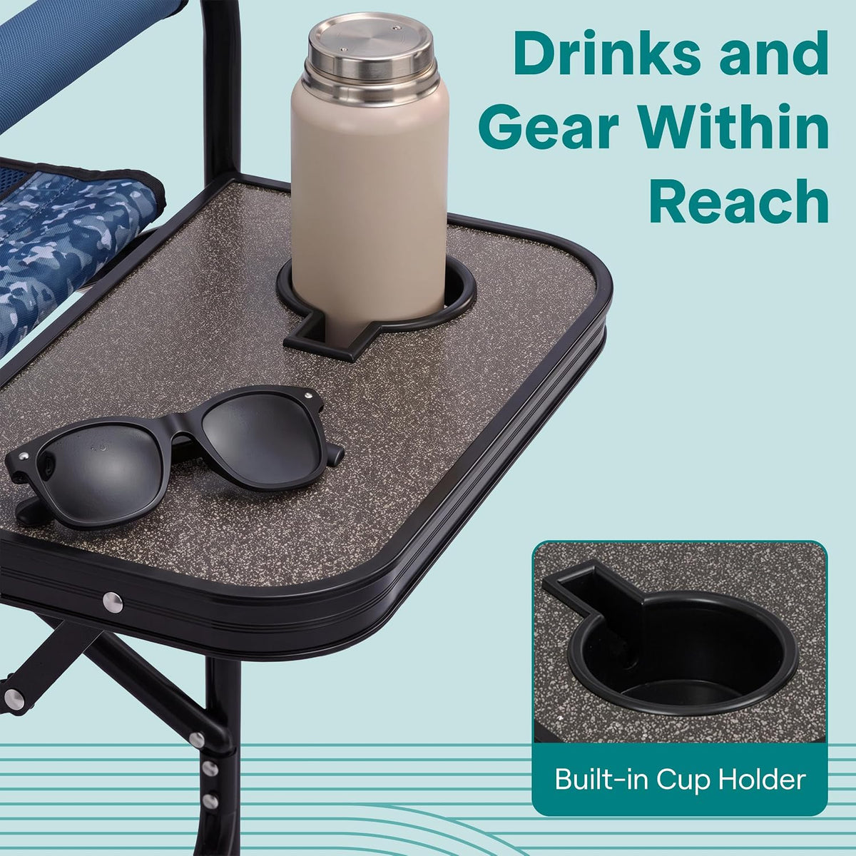 SereneLife Portable Director Chair, Folding Camping Chair with Side Table, Cup Holder & Padded Wide Armrest, 600D Weather-Resistant Fabric, Steel Frame, Carry Bag for Adults, Picnic, Blue Camouflage
