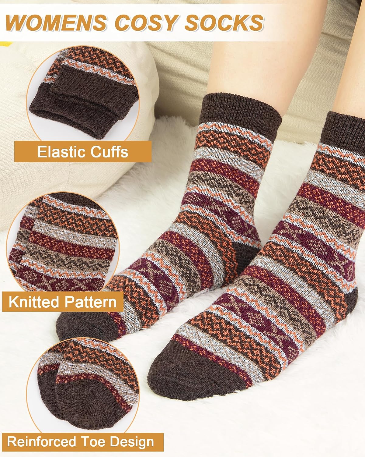 Senker Fashion Wool Socks for Women, 5 Pairs Winter Warm Crew Boot Socks
