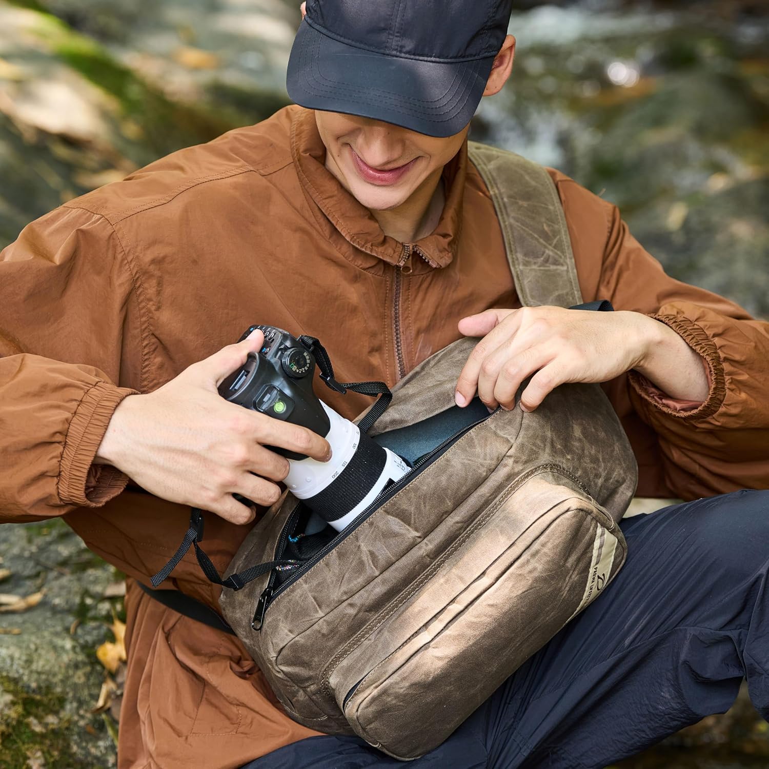 Padwa Lifestyle Dark Brown Crossbody Camera Bag - Waxed Memory Canvas Compact Camera Sling and Crossbody Bag with Fast Access,Versatile Lightweight Everyday Bag for Photographers Travel,Photography