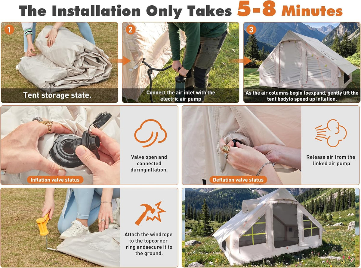 Inflatable Camping Tent for 4/6/8/10 Person, 4 Season Waterproof Blow Up Tent with Stove Jack & Skylight, Easy Setup Air Tent for Glamping & Family Camping