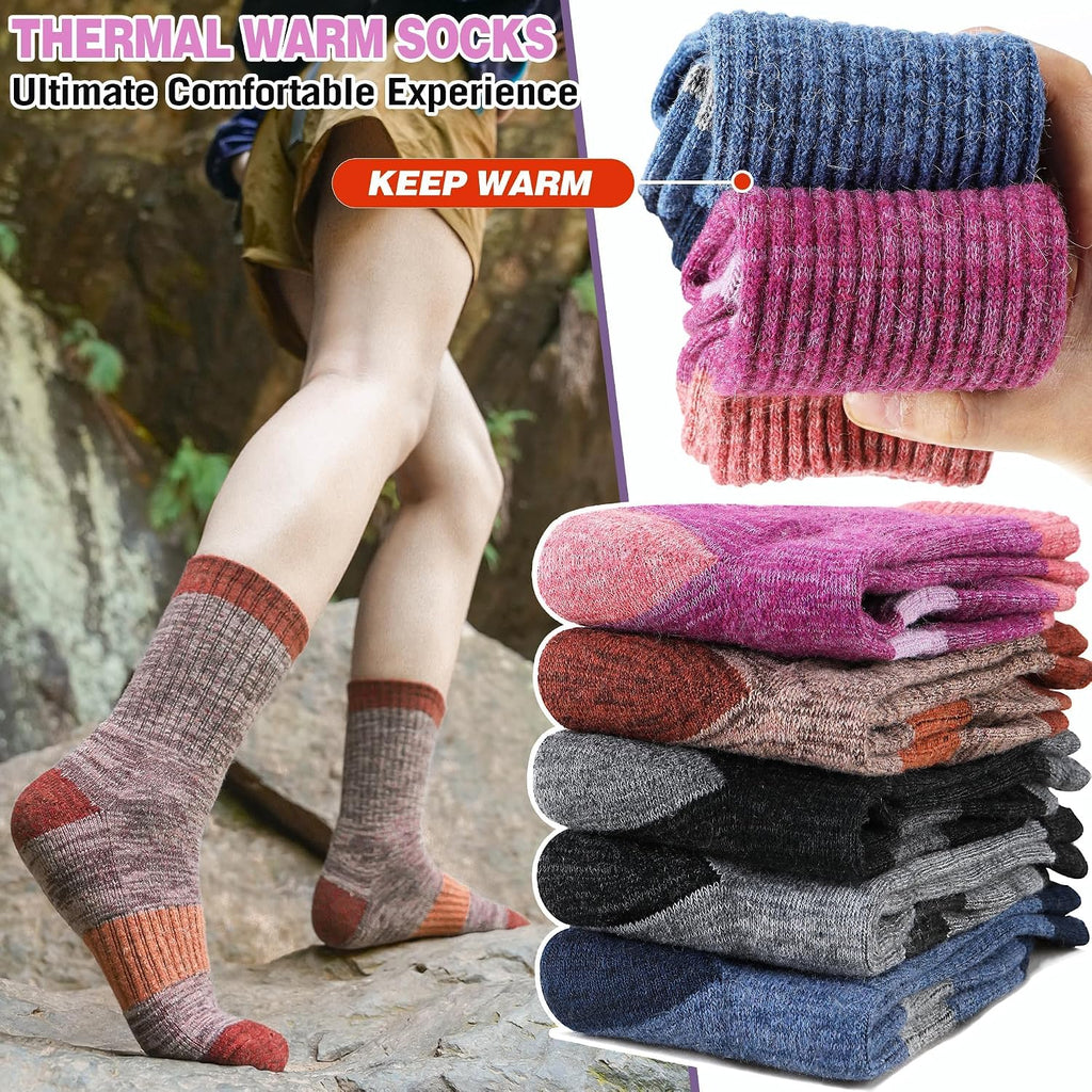 Merino Wool Hiking Socks Thermal Warm Winter Cozy Cushioned Moisture Wicking Crew Socks for Women 5 Pairs