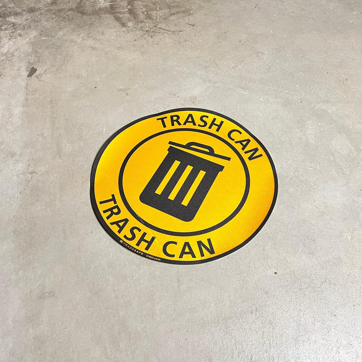 TRADESAFE Trash Can Anti-Slip Floor Sticker - Trash Can Decal Caution Sign, Peel and Stick Adhesive Vinyl Sign, ANSI-Compliant, 17” Diameter Round Sticker Yellow, Black