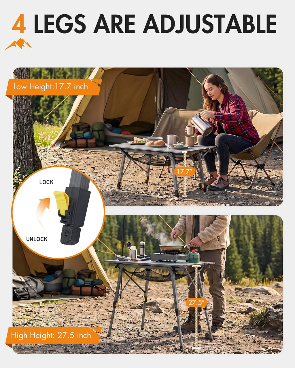 Portal Outdoor Folding Portable Picnic Camping Table with Adjustable Height Aluminum Roll Up Table Top Mesh Layer, Dark Gray