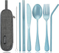 Portable Stainless Steel Flatware Set, Travel Camping Cutlery Set, Portable Utensil Travel Silverware Dinnerware Set with a Waterproof Case (Light Blue)