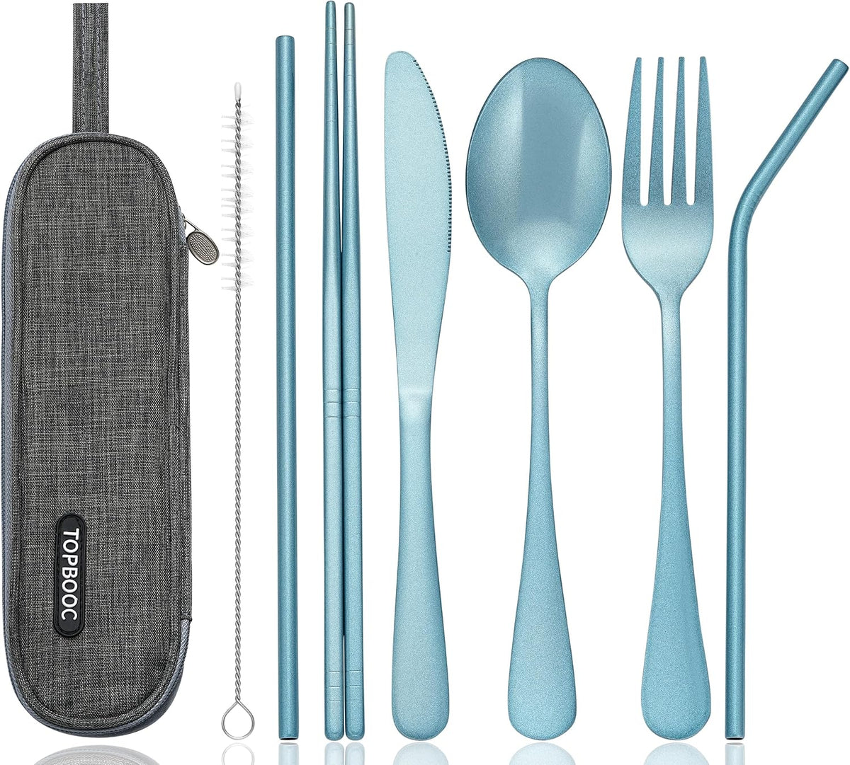 Portable Stainless Steel Flatware Set, Travel Camping Cutlery Set, Portable Utensil Travel Silverware Dinnerware Set with a Waterproof Case (Light Blue)