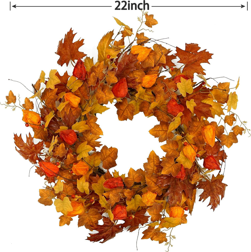 22 inch Artificial Fall Wreath Maple Leaf Wreath for Front Door Home Decor