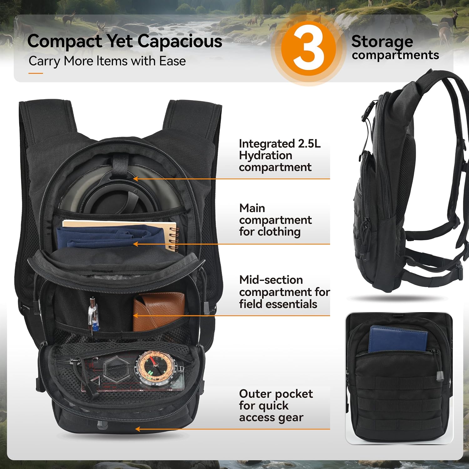 MARCHWAY Tactical Molle Hydration Pack with 2.5L TPU Water Bladder, Low-Profile Organized Military Backpack for Hiking, Cycling, Backpacking, Hunting, Running