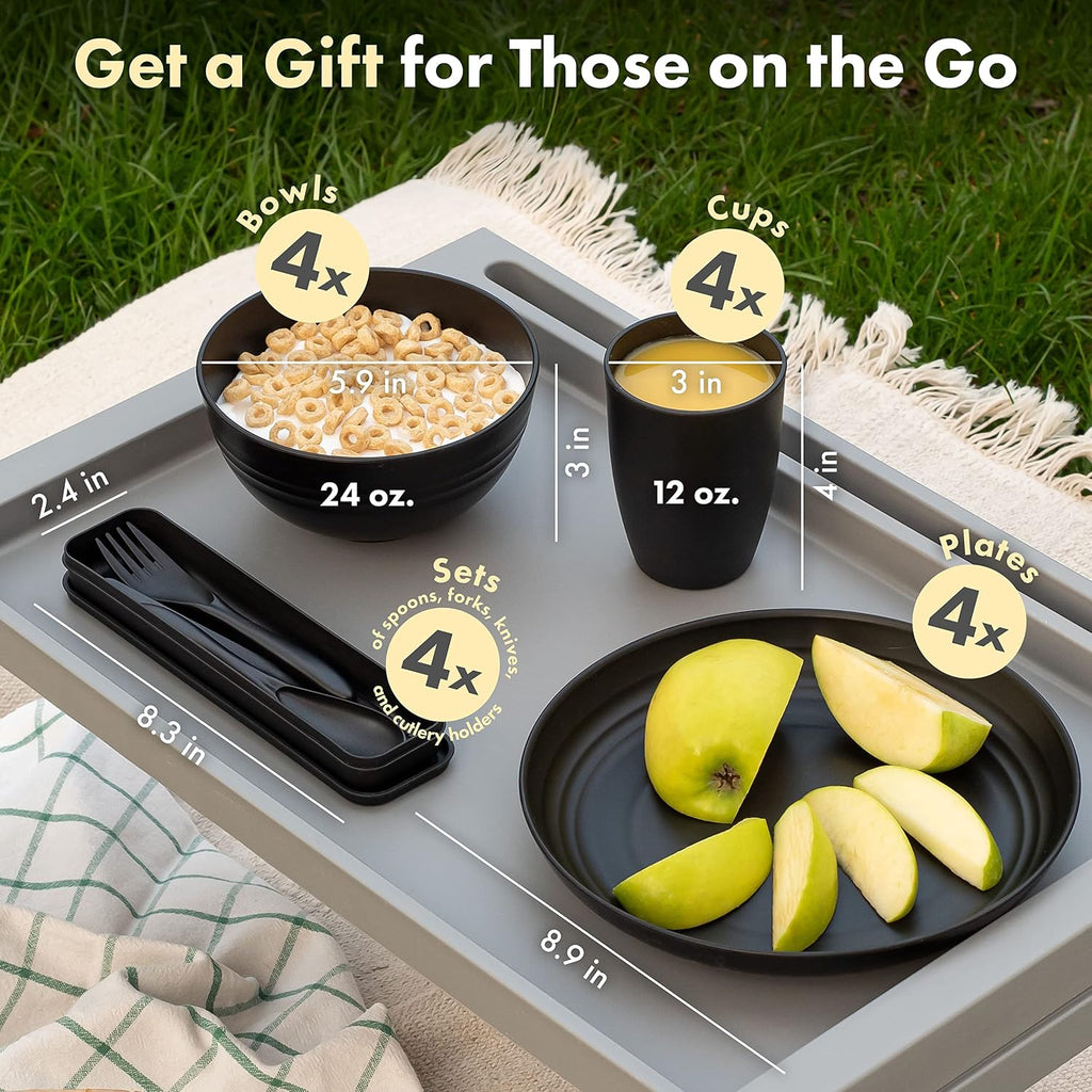 FOODLE Wheat Straw Dinnerware Set - RV, Camping, Picnic Plates Cups & Bowls