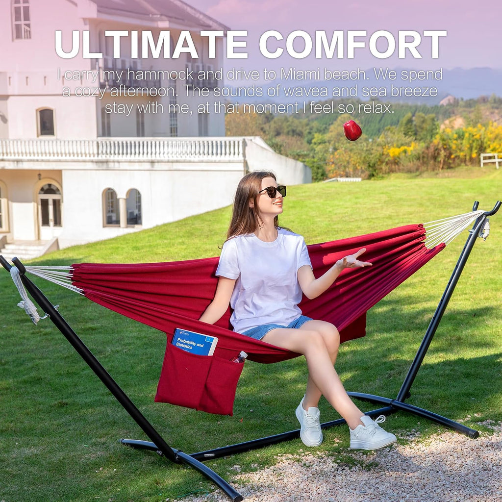 PNAEUT Double Hammock with Stand for Outside, Heavy-Duty, Portable (Cherry)