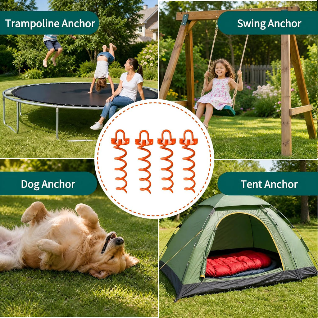 4 Pack Heavy Duty Spiral Ground Anchors with Drill Adapter, 12.4" Screw-in Metal Earth Stakes for Trampolines, Dog Tie Out, Sheds and Tents, Orange