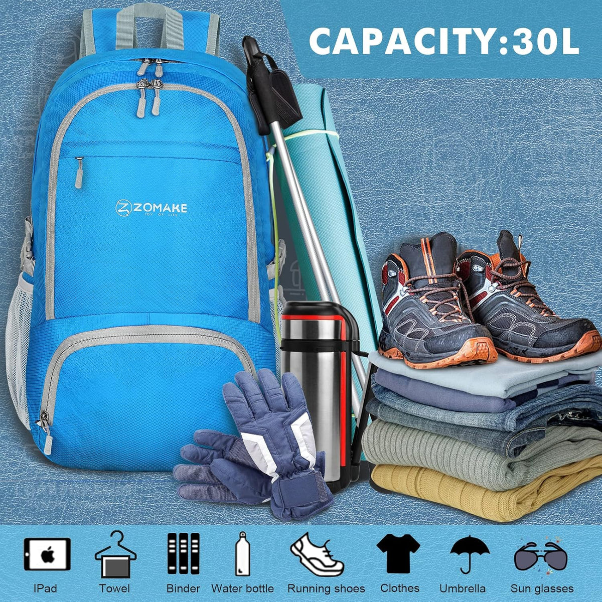 ZOMAKE Lightweight Packable Backpack 30L, Foldable Travel Hiking Daypack