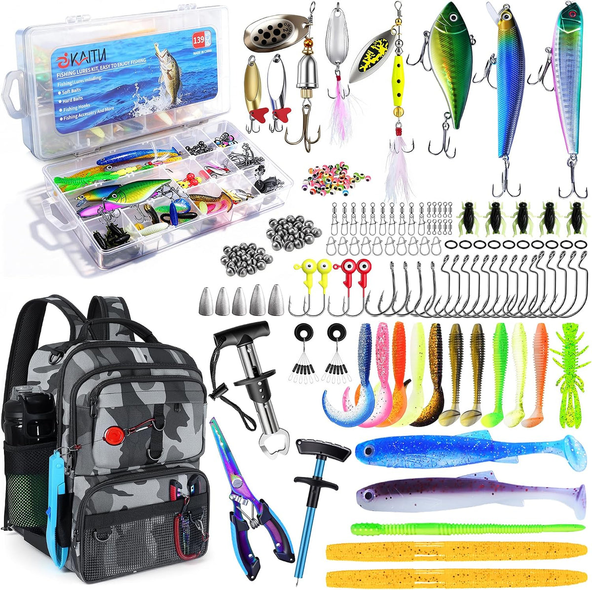 Fishing Backpack with Tackle Boxes and Rod Holder, Fish Lure Kit and Tool