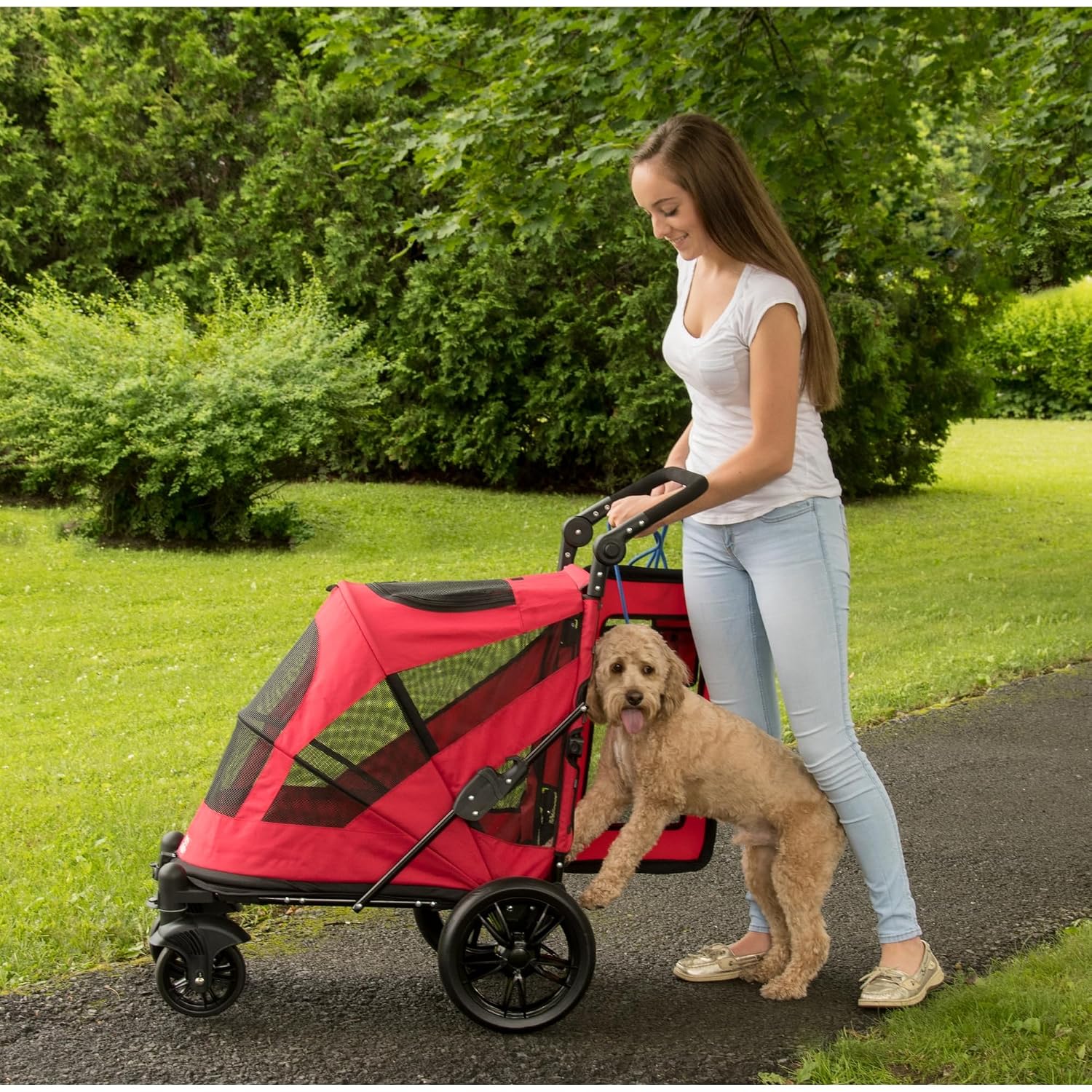 Pet Gear NO-Zip Pet Stroller with Dual Entry, Push Button Zipperless Entry for Single or Multiple Dogs/Cats, Pet Can Easily Walk in/Out, Gel-Filled Tires, Lava Gray, Excursion