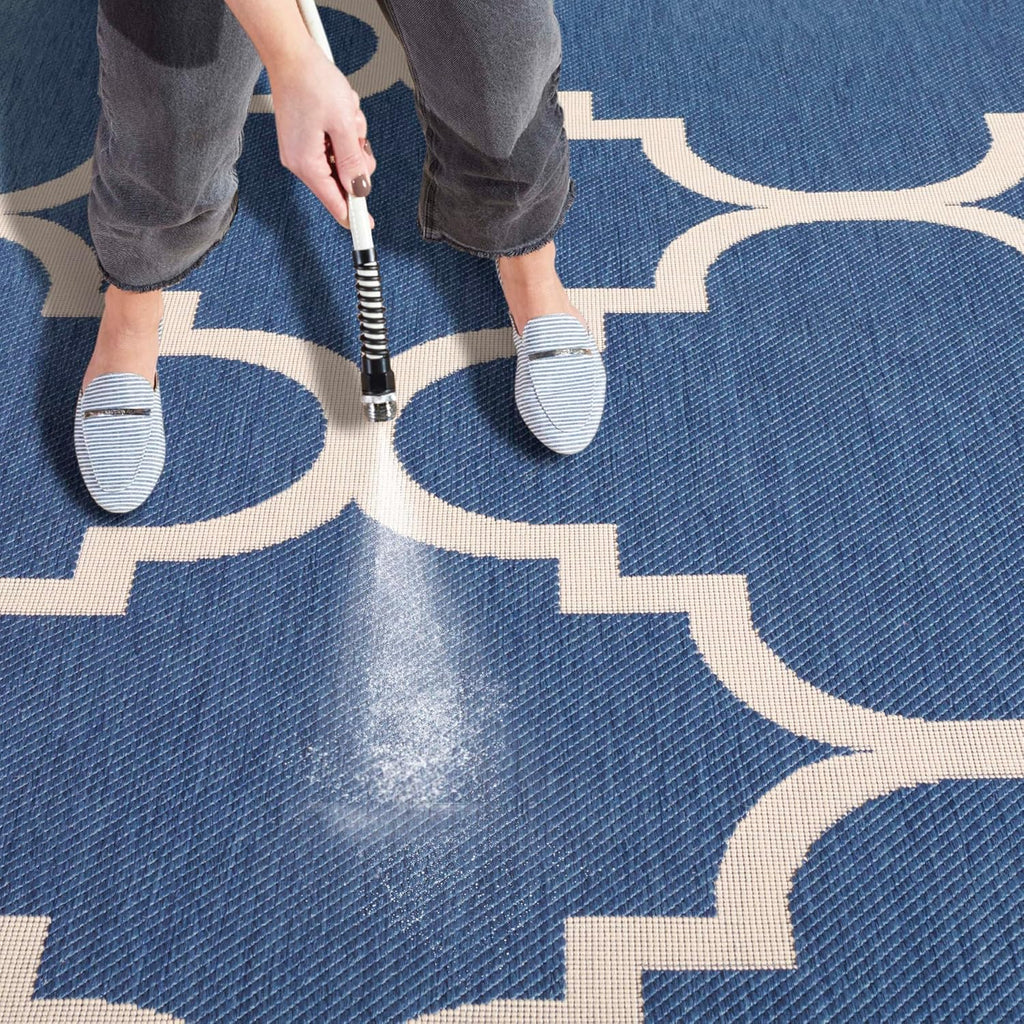 SAFAVIEH Washable Rug Outdoor Courtyard Collection - 2' x 3'7", Blue & Beige, Non-Shedding & Easy Cleaning, Ideal for Patio, Front Door, Entryway, Doormat (CY6243-243)