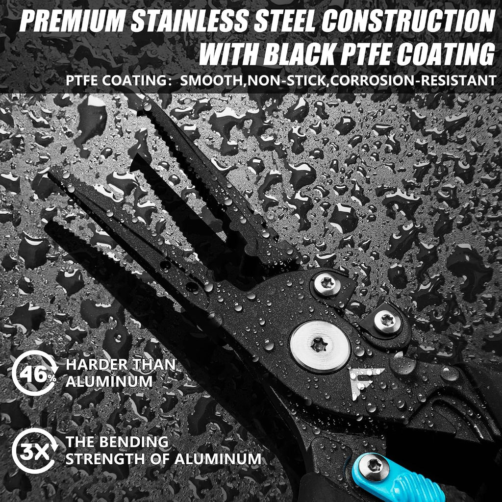 FLISSA Fishing Pliers, Safety Lock Design Fish Pliers Saltwater, Aluminum Hook Remover, Titanium 6Al-4V Jaw and Tungsten Carbide Line Cutters, Sheath & Lanyard, Fishing Gear Gifts for Men