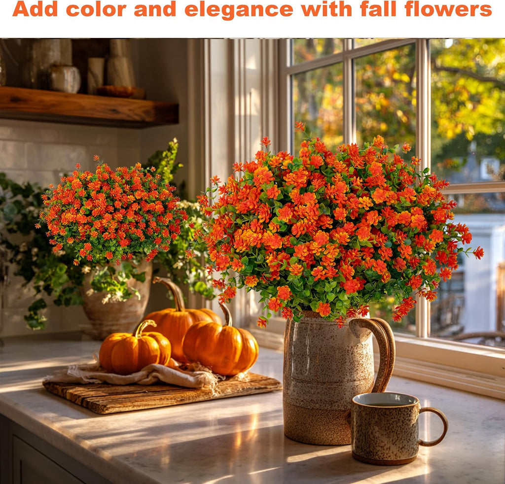 AXYLEX Artificial Mums for Outdoors, Fake Fall Flowers (Red Orange)