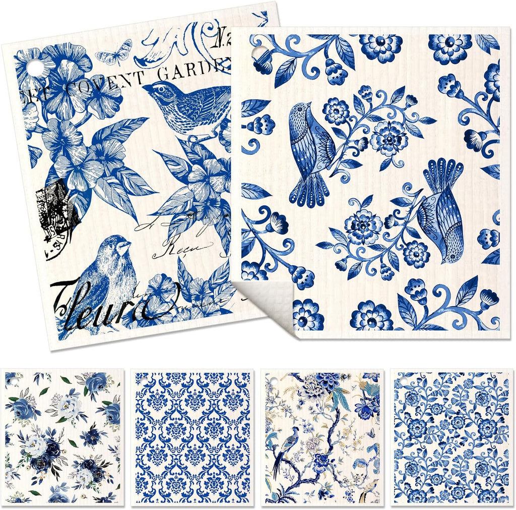 Miss Adola 6 Pack Swedish Dishcloths for Kitchen - Reusable Dish Cloths for Washing Dishes Absorbent Cute Funny Kitchen Towels Cleaning Sponge, Blue Floral