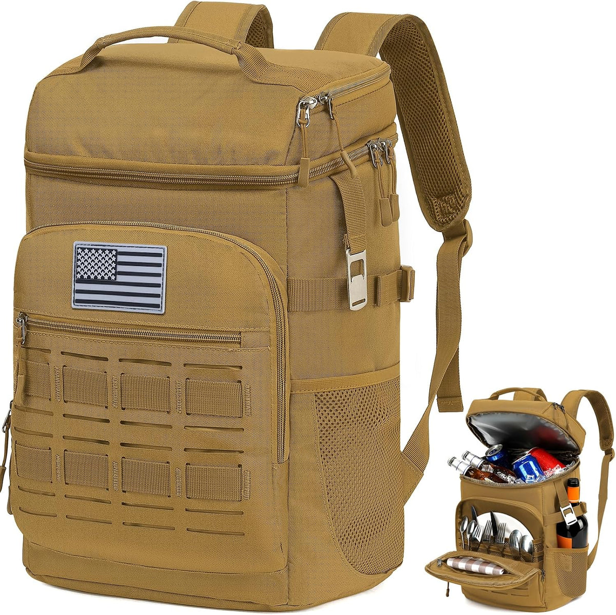 Tactical Cooler Backpack for Men, Double Deck Insulated Cooler Bag 40 Cans, Soft Lunch Backpack with 16H Ice Retention Waterproof Leakproof Picnic Backpack for Work Beach Camping BBQ Hiking