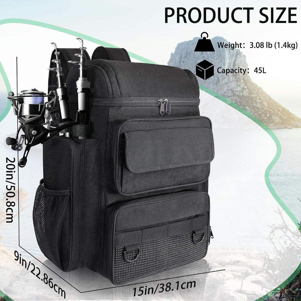 Fishing Tackle Backpack With Rod Holders, 45L Large Tackle Bag & Fishing Tackle Backpack for Fishing, Camping, Hiking,Black