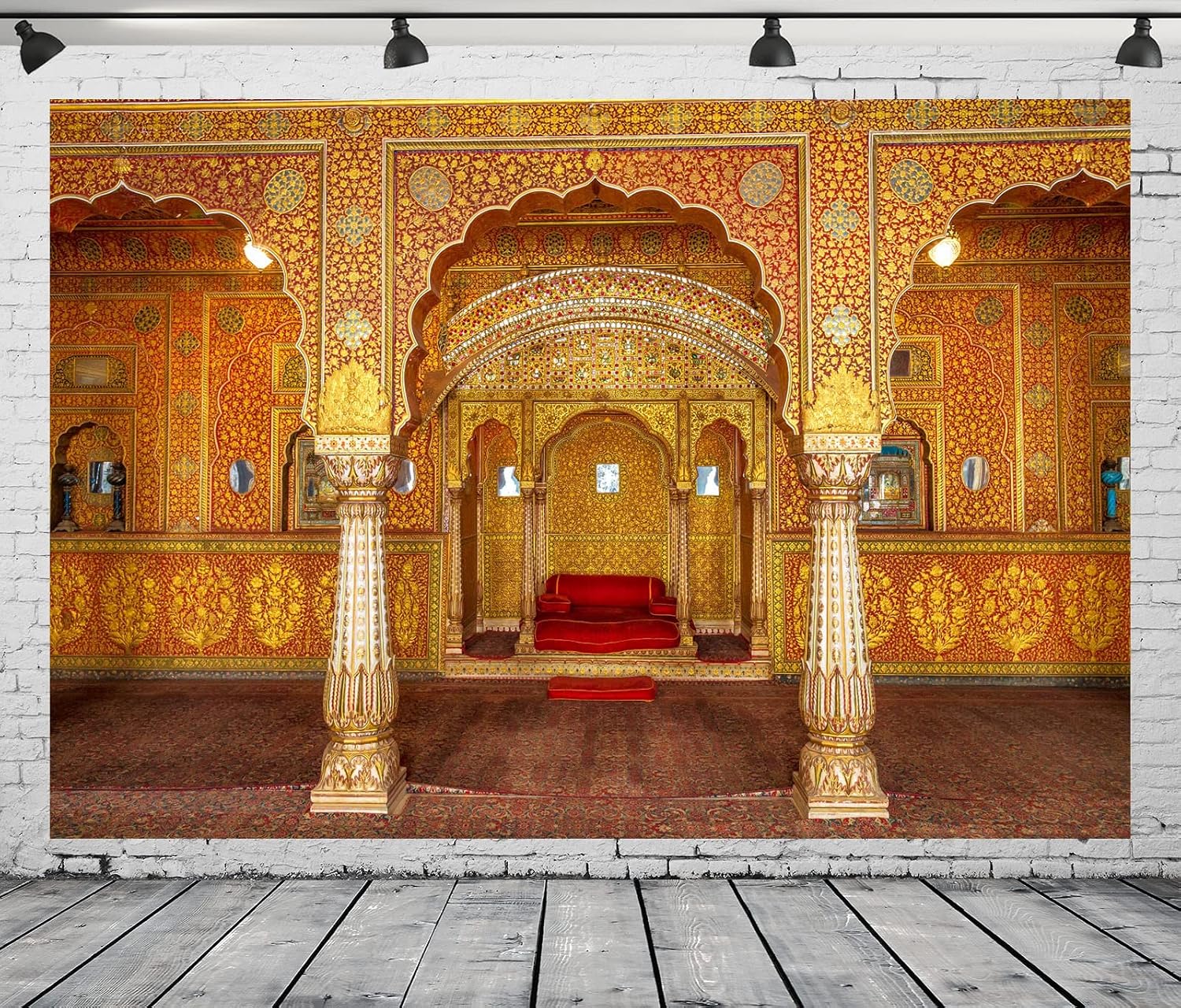 BELECO 7x5ft Fabric Indian Royal Palace Backdrop Interior Private Audience Hall in Anup Mahal and Maharaja Throne with Gold Carvings Photography Background for Travel Portrait Photo Studio Props