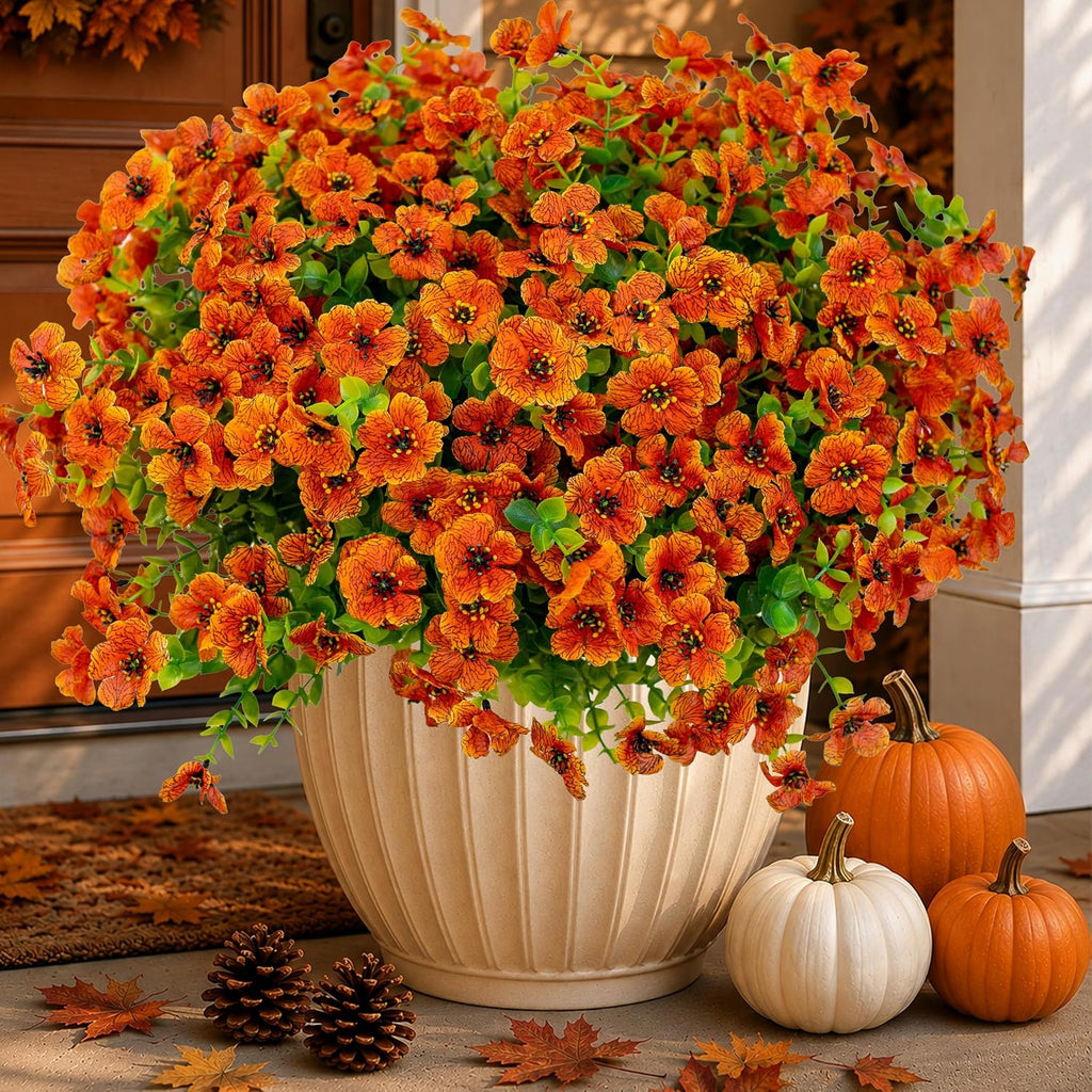 AXYLEX Artificial Mums for Outdoors Fake Fall Flowers Red Orange 16 Pack