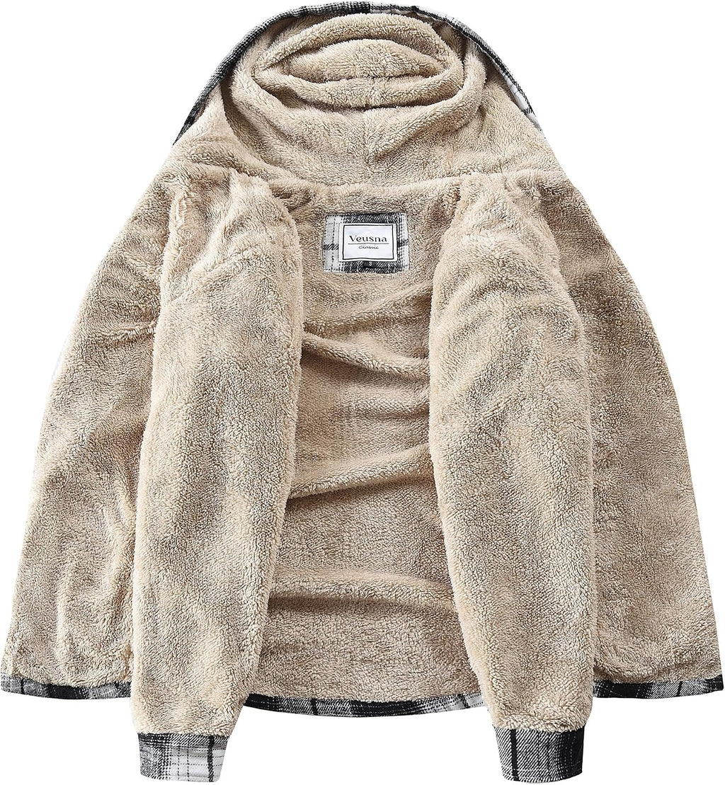 Men's Zip Up Flannel Shirt Jacket Fleece Lined with Hood