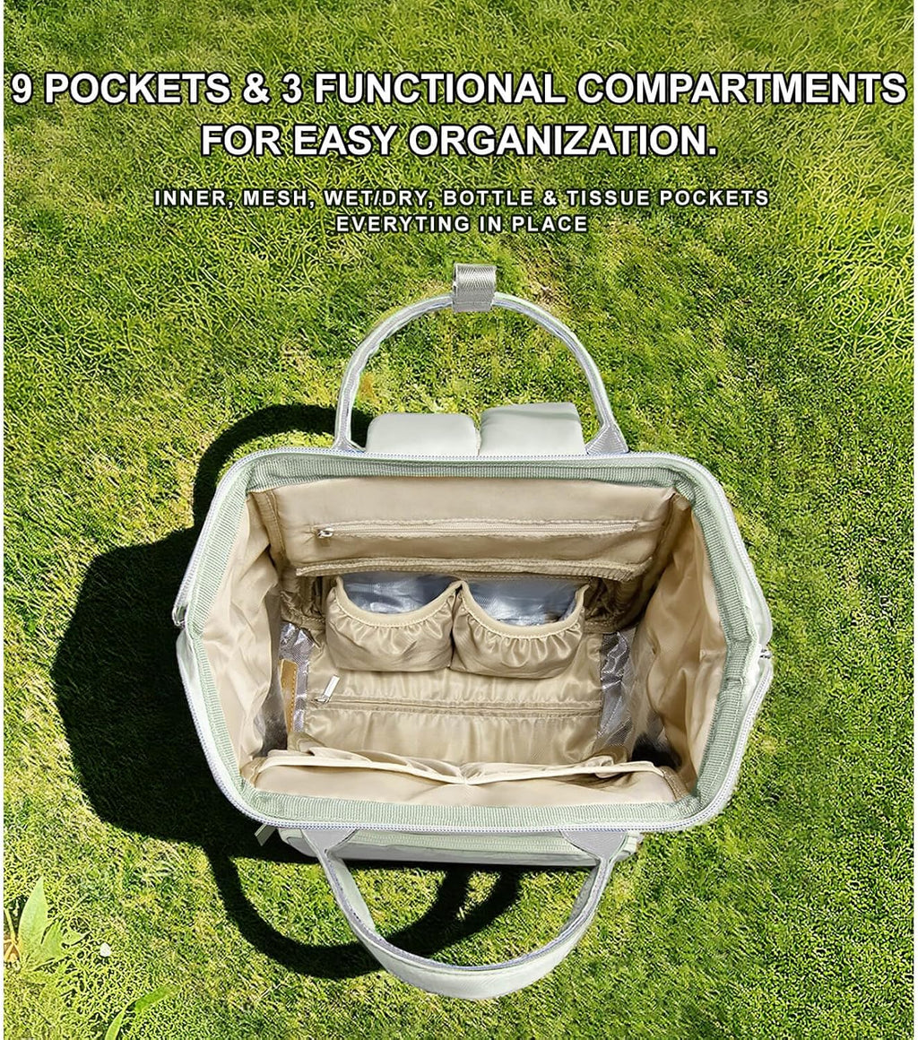 Diaper Bag Backpack with Wet/Dry Pocket, Changing Pad, 24L Green