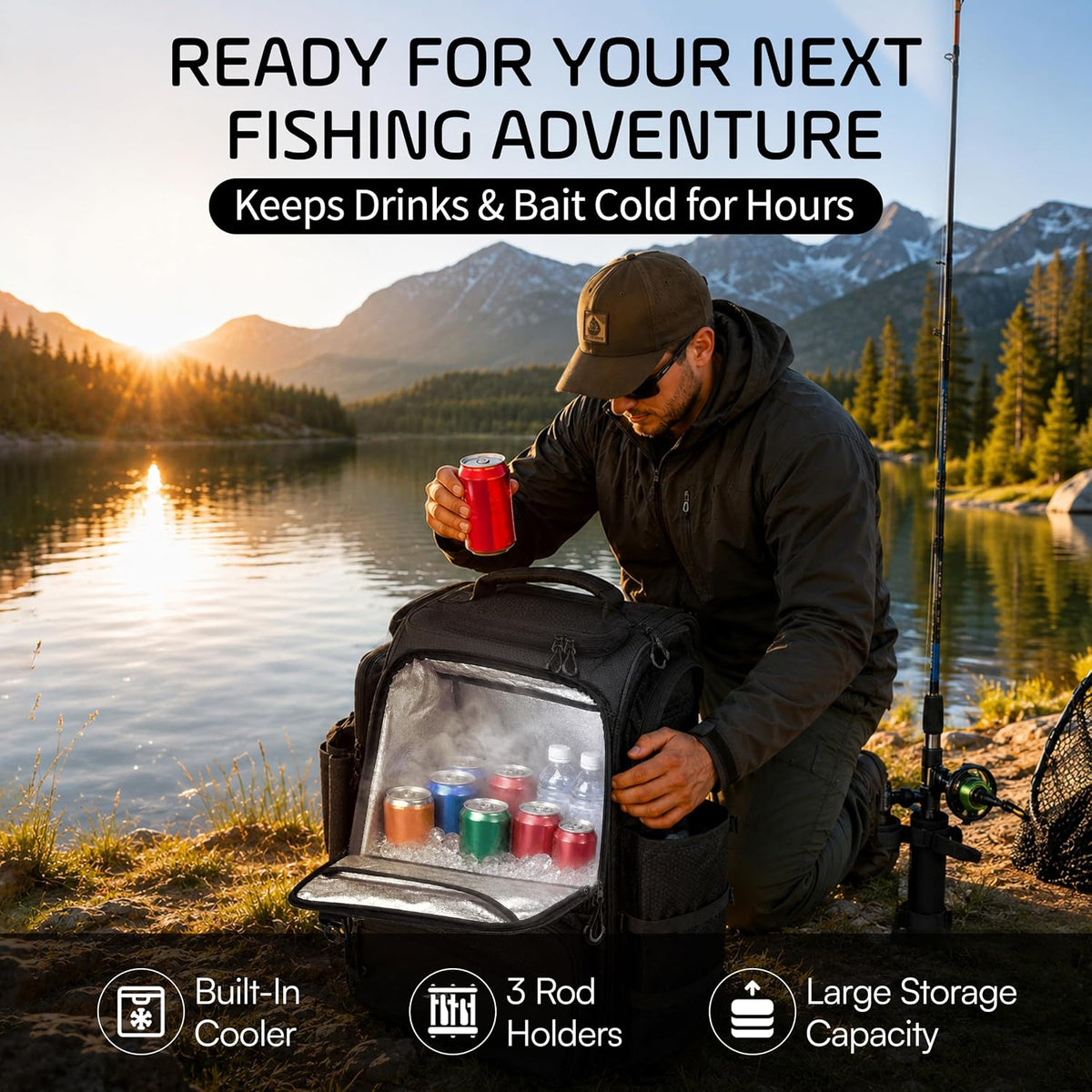 Waterproof Fishing Backpack with Rod Holders- 40L Fishing Tackle Bag, Extra Storage Gear and Equipment, Rain Cover, Fisherman Gift for Men