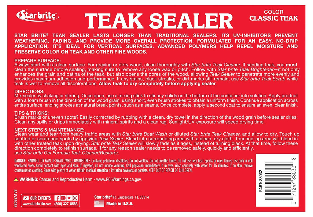 STAR BRITE Teak Sealer - No Drip, No Splash Formula - One-Coat, Durable Protection for All Fine Woods - Perfect for Outdoor Furniture &amp; Marine Use - Classic Teak 32 OZ (088032)