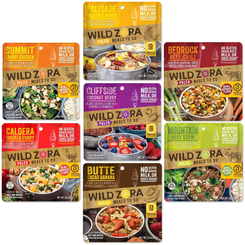 Wild Zora Paleo Freeze Dried Meals for Backpacking & Camping - Healthy Gluten Free & Grain Free Camping Meals/Backpacking Food + No Added Sugar - Great for Travel (Bedrock Beef Chili 2-pack)