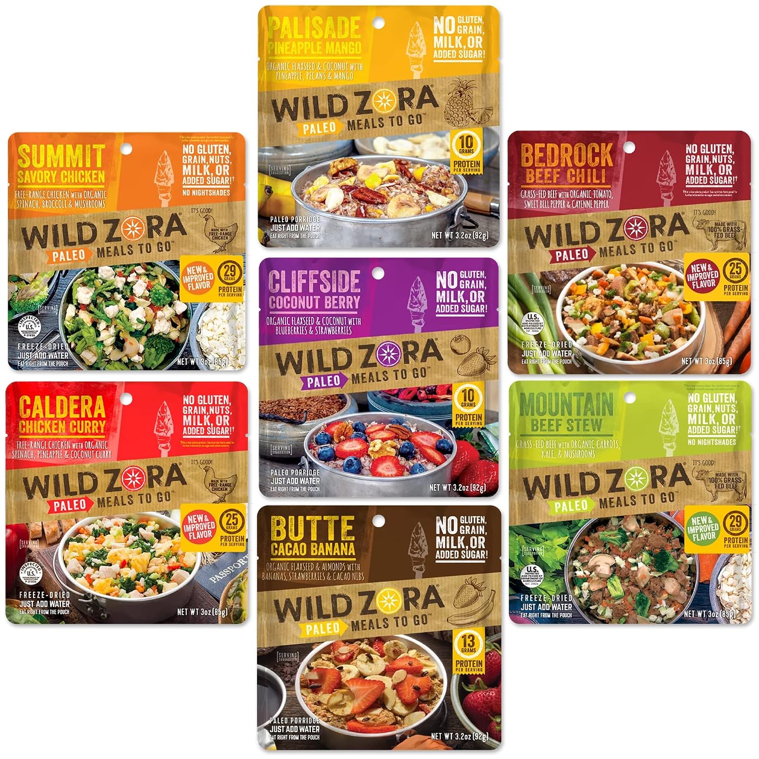 Wild Zora Paleo Freeze Dried Meals for Backpacking & Camping - Healthy Gluten Free & Grain Free Camping Meals/Backpacking Food + No Added Sugar - Great for Travel (Bedrock Beef Chili 2-pack)