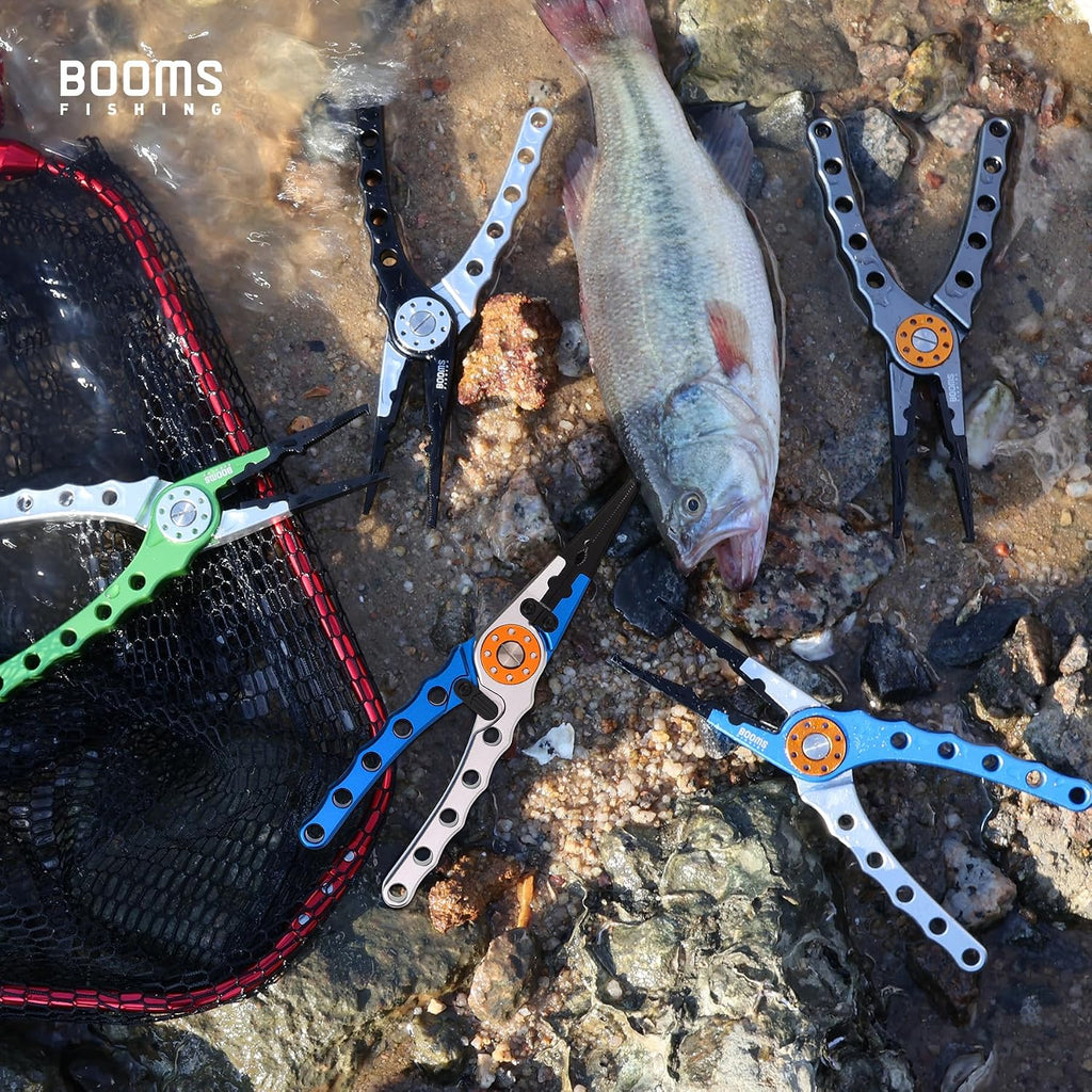 Booms Fishing X1 Aluminum Fishing Pliers Saltwater, Surf Fishing Tackle Kit, Fishing Multitool Hook Remover Braided Fishing Line Cutting and Split Ring with Coiled Lanyard and Sheath