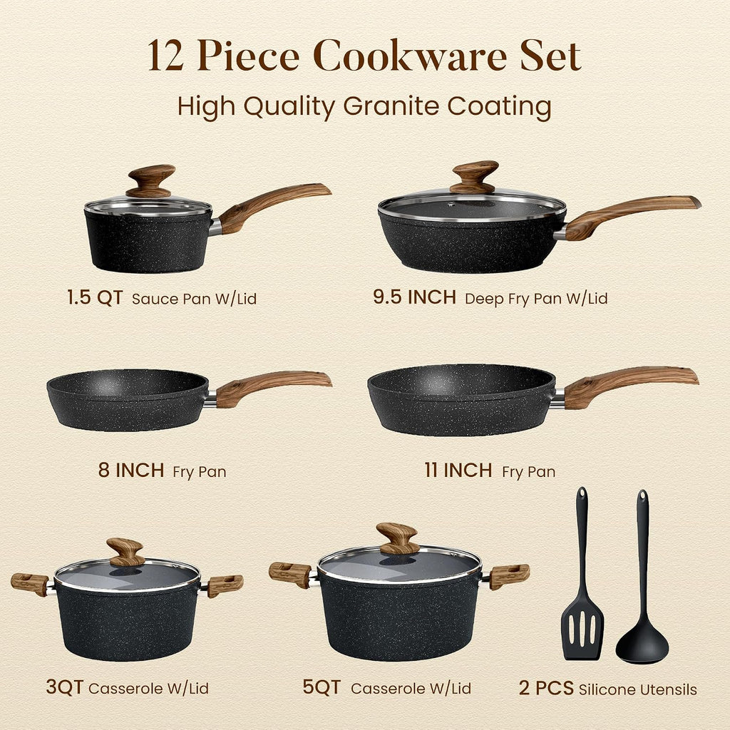 Kitchen Academy Pots and Pans Set Non Stick, 12pcs Induction Cookware
