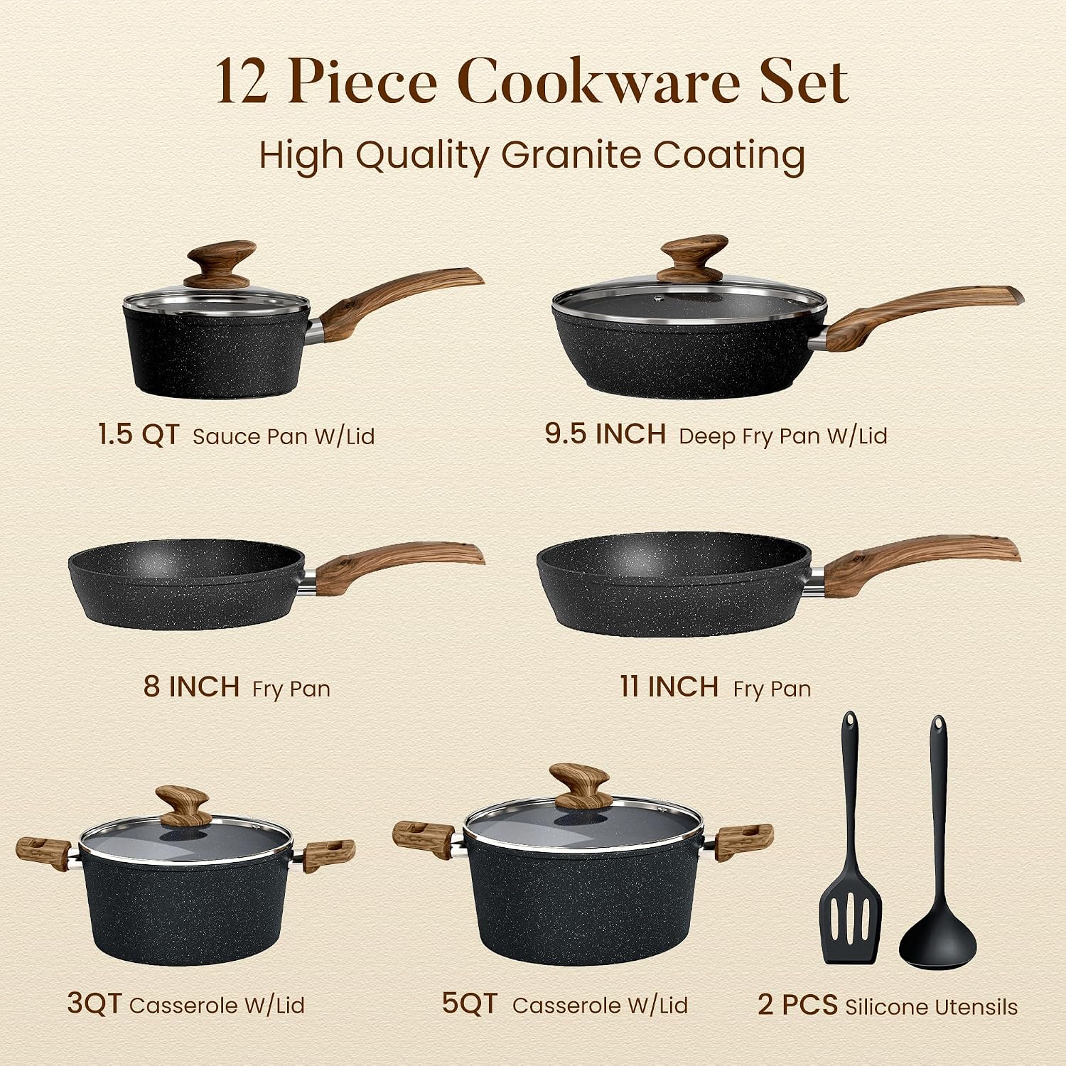 Kitchen Academy Pots and Pans Set Non Stick, 12pcs Induction Cookware
