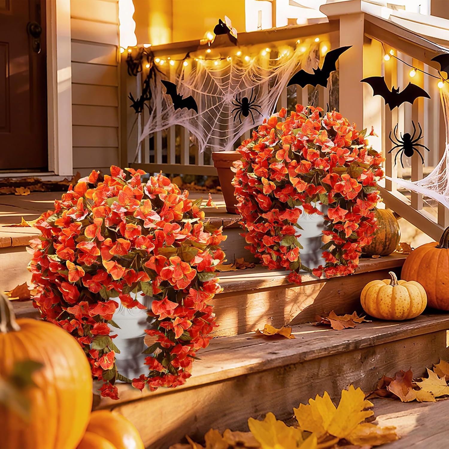 Bougainvillea Artificial Flowers Plants for Outdoors Outside Fall Autumn Decor, 2 pcs Faux Silk Long Trailing Vines UV Resistant Look Real Orange Fake Flowers for Front Door Porch Planter Urn Patio