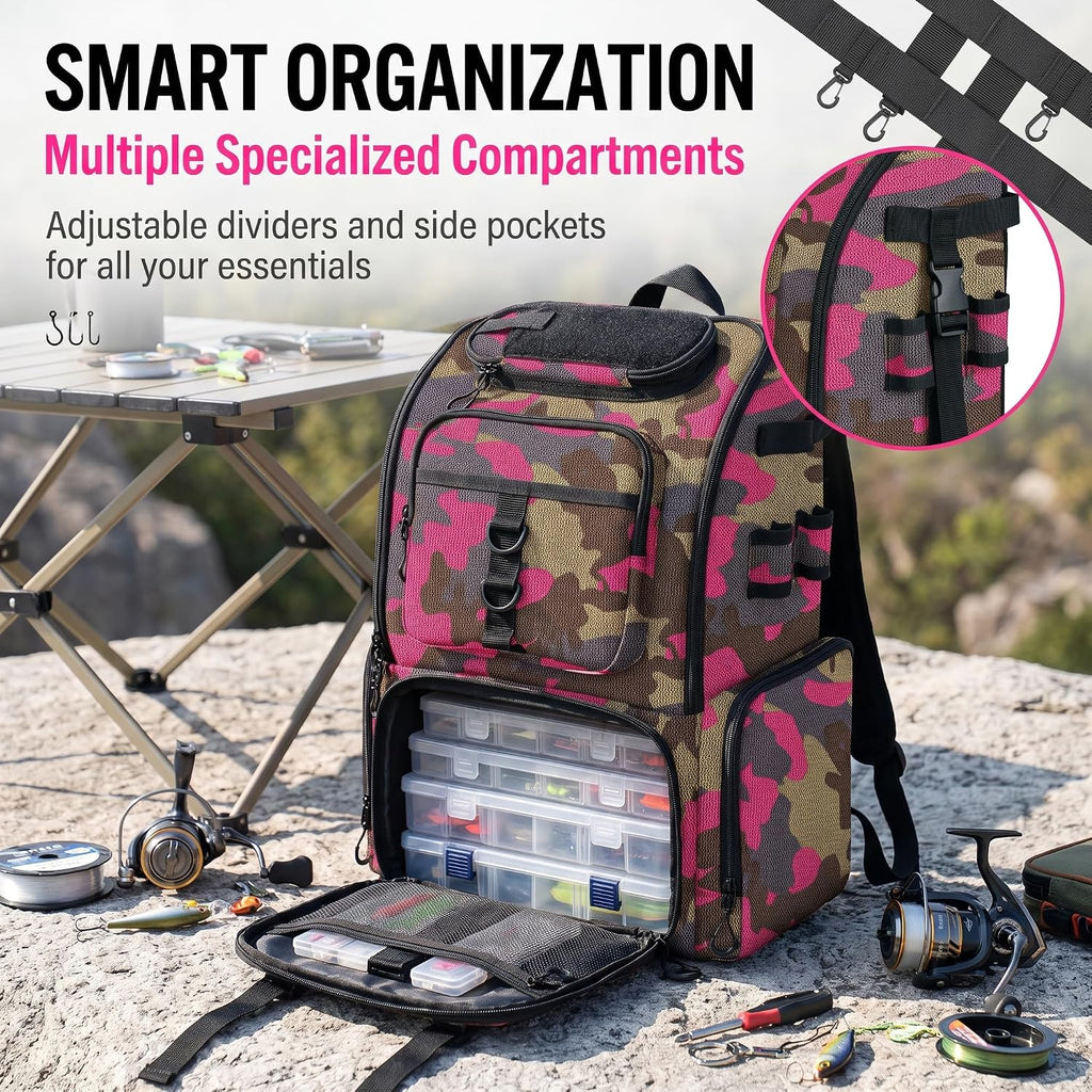 Handor Fishing Tackle Backpack, 50L Capacity, Waterproof Fishing Gear Bag (Camouflage Rose)