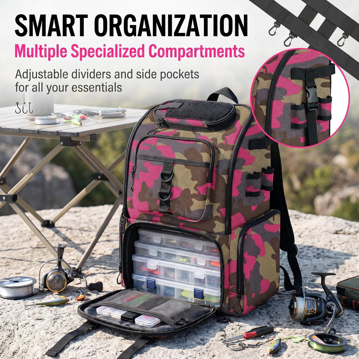 Handor Fishing Tackle Backpack, 50L Capacity, Waterproof Fishing Gear Bag (Camouflage Rose)