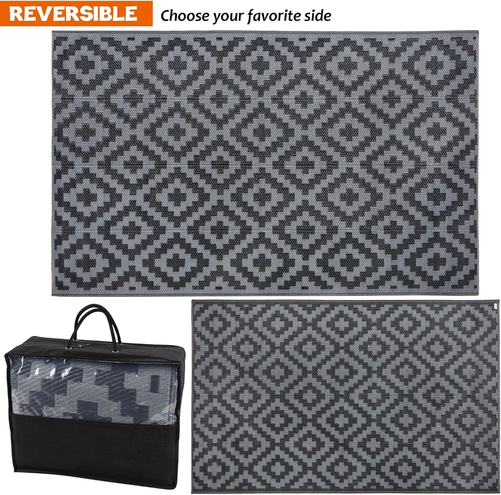SAND MINE Waterproof Outdoor Rug 5x8 ft, Plastic Reversible Rug, Modern Area Rug, Large Floor Mat for Outdoors, RV, Patio, Backyard, Deck, Picnic, Beach, Camping, Black Grey Lattice