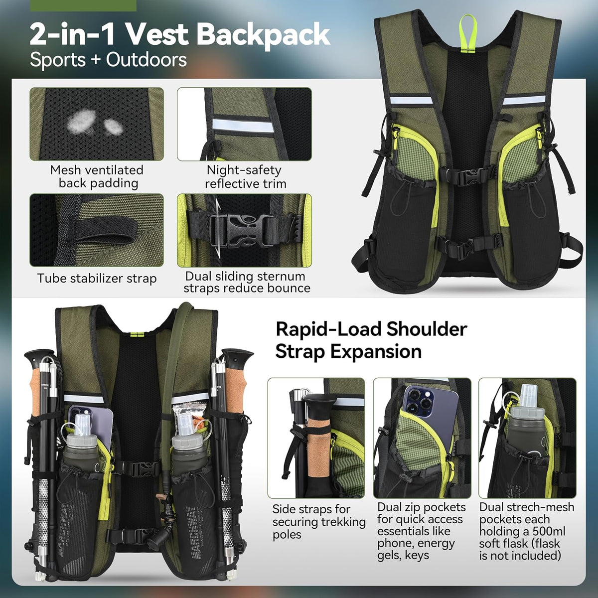 MARCHWAY Lightweight Hydration Backpack with Vest Style Straps & 2.5L TPU Water Bladder, Versatile Sleek Multi-Pocket Pack for Hiking, Cycling, Running, Backpacking, Travel
