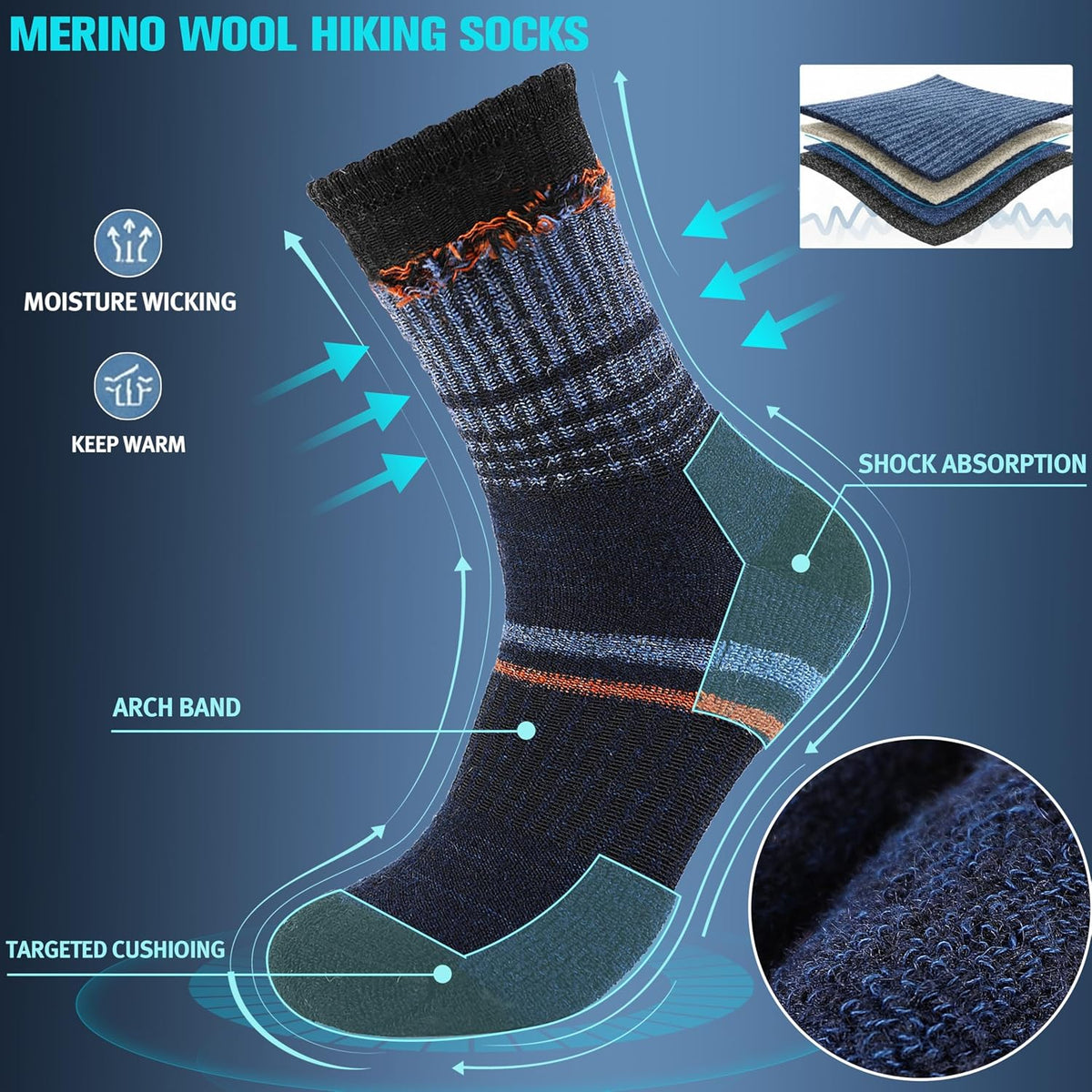 Sandsuced Merino Wool Hiking Warm Socks Thermal Winter Cozy Crew Socks with Cushioned Sole & Moisture Wicking 5 Pairs for Men