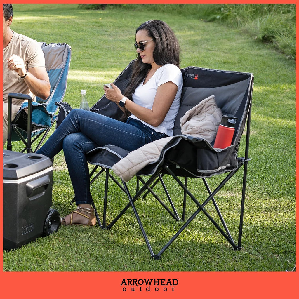 ARROWHEAD OUTDOOR Wide Duo Foldable Heated Camping Loveseat Chair, Black