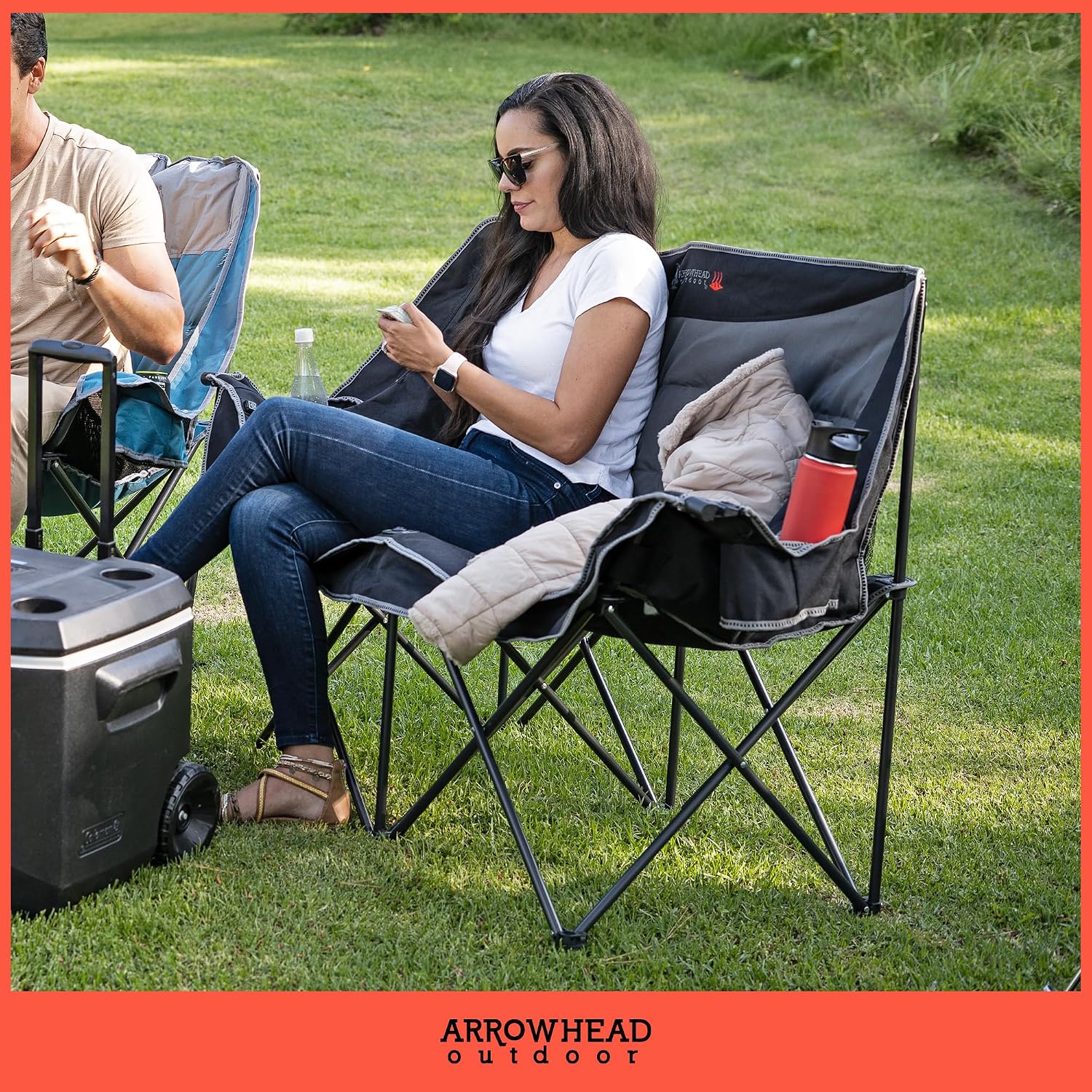 ARROWHEAD OUTDOOR Wide Duo Foldable Heated Camping Loveseat Chair, Black