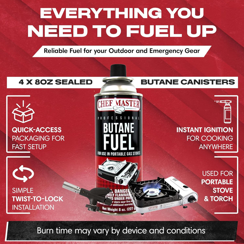 Chef Master Butane Fuel Canister, Camp Stove & Torch Refill, 8 oz, 4-Pack
