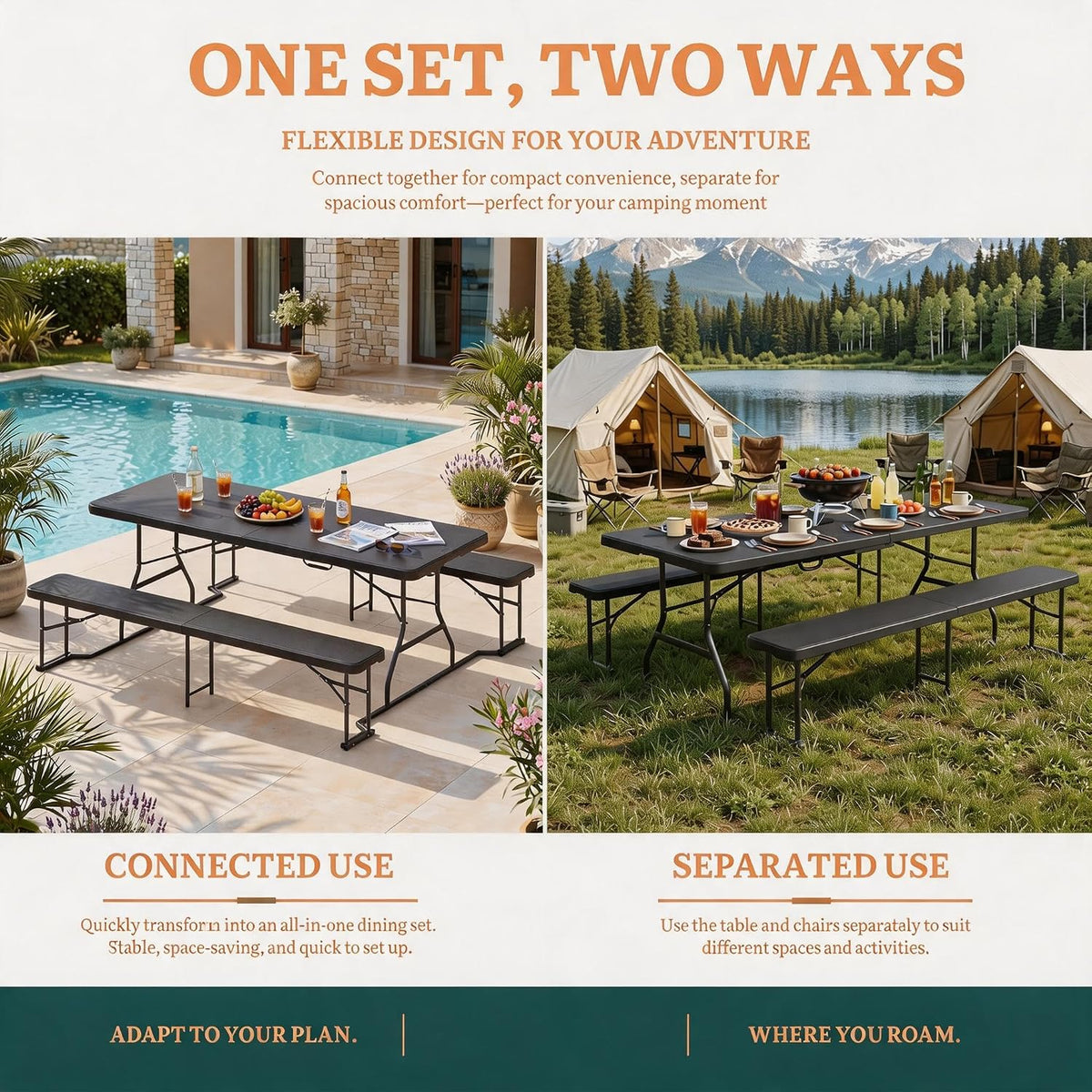 DWVO 6ft Picnic Table Set, Outdoor Folding Picnic Tables with Benches