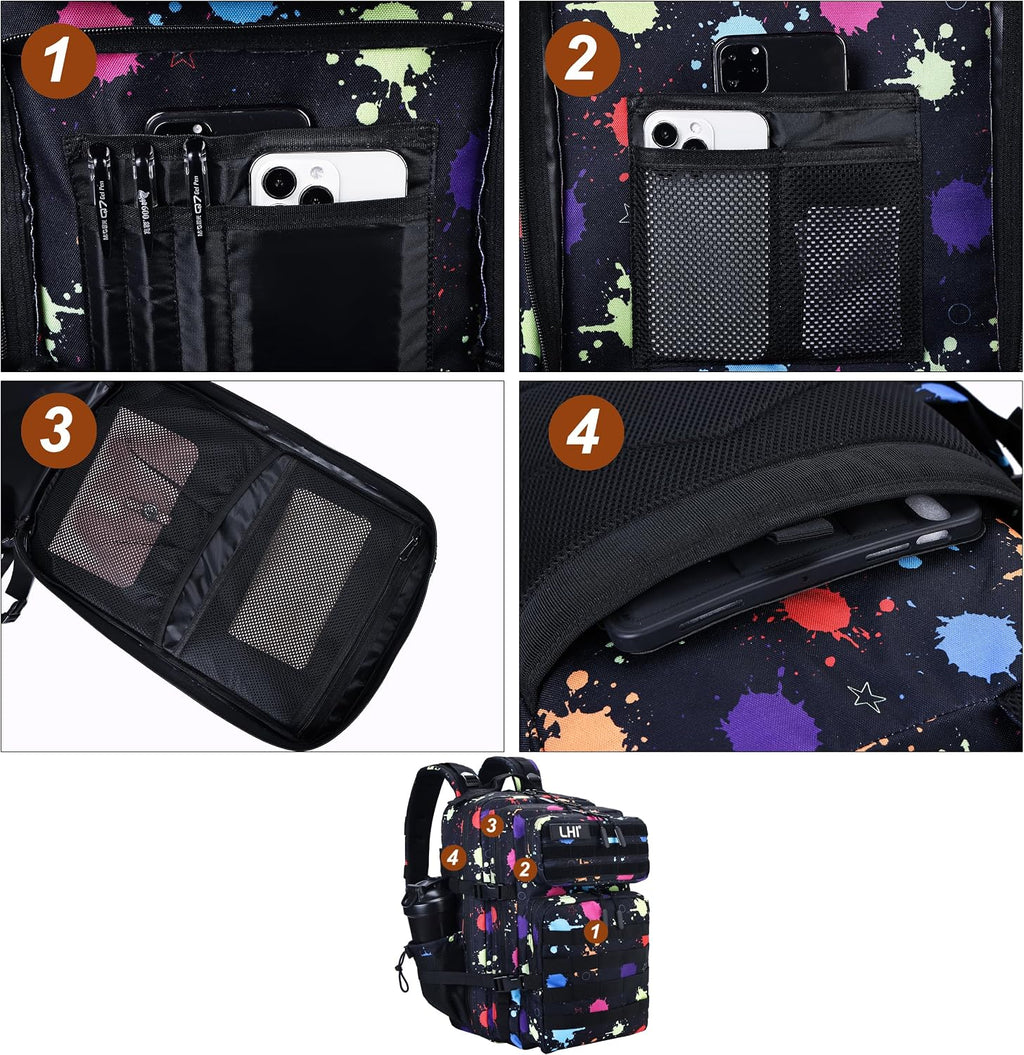 LHI Military Tactical Backpack for Men and Women 45L Army 3 Days Assault Pack Bag Large Rucksack with Molle System Black with multi-color