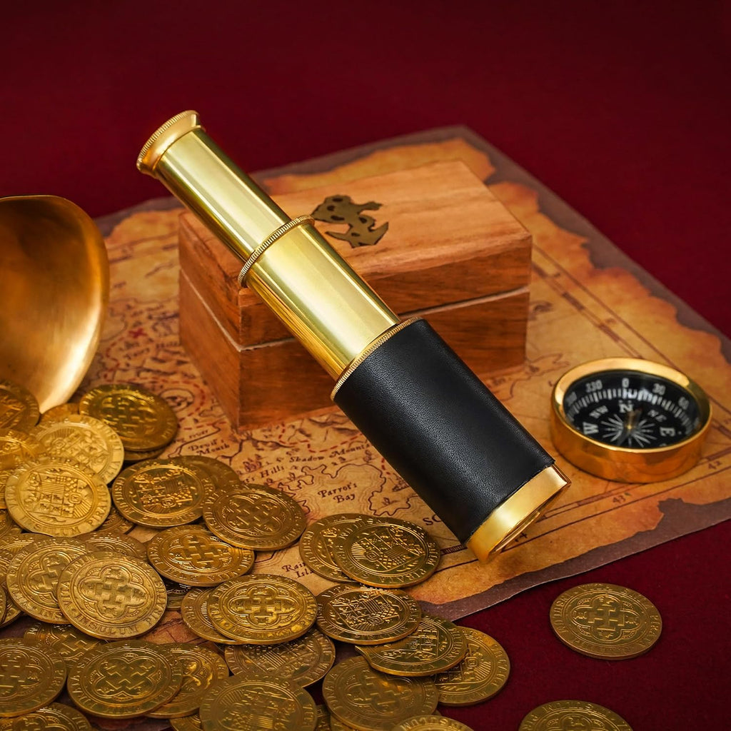 Mythrojan Medieval Brass Telescope with Mini Spyglass,Wooden Box for Reenactment, Cosplay, Steampunk,Nautical Decor - 6 inches, Brass