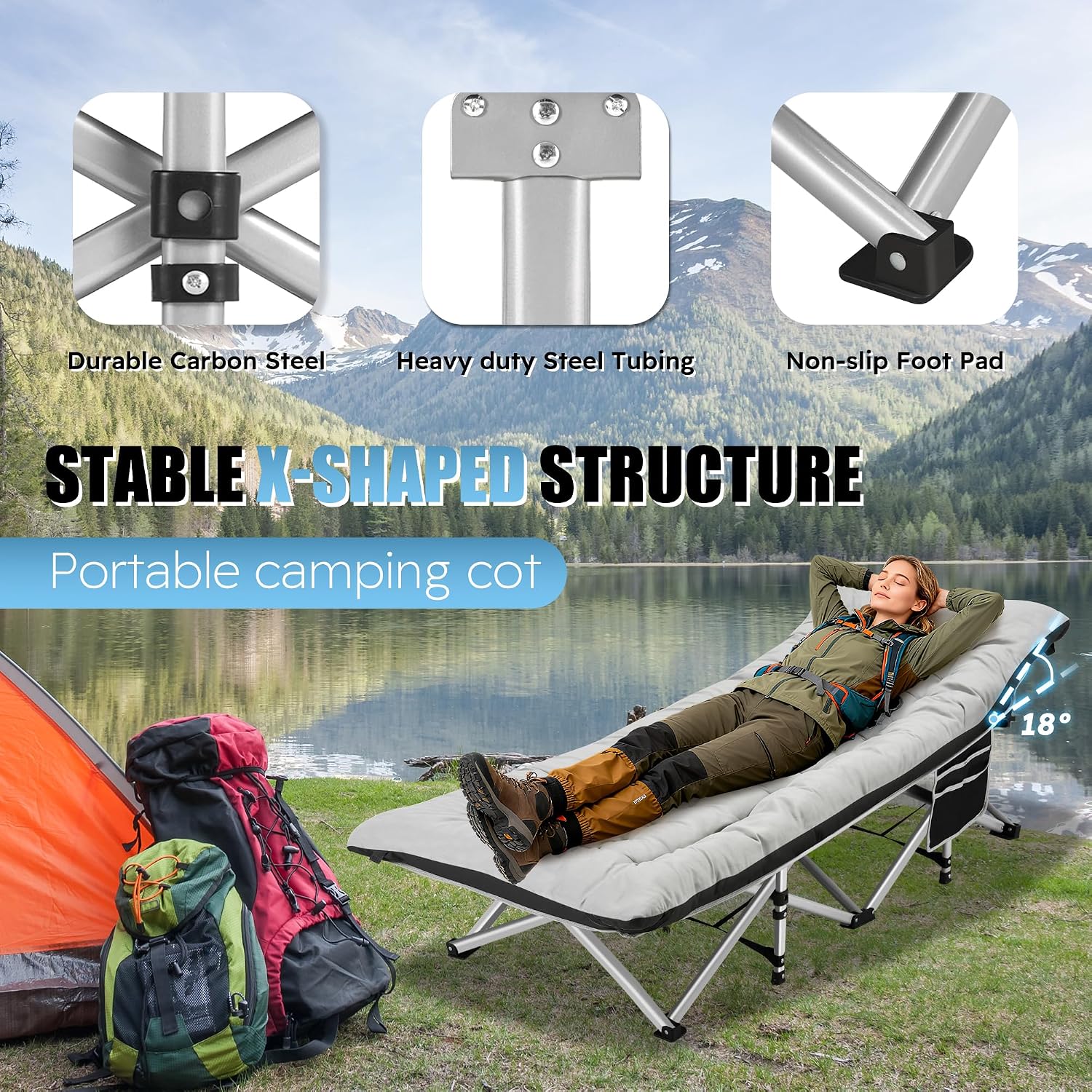 HABUTWAY Camping Cots for Adults, 600lbs Capacity, Folding Camping Cot with Mattress, Sleeping Cots for Adults with Carry Bags for Travel,Beach,Patio,Home Office,Nap Time