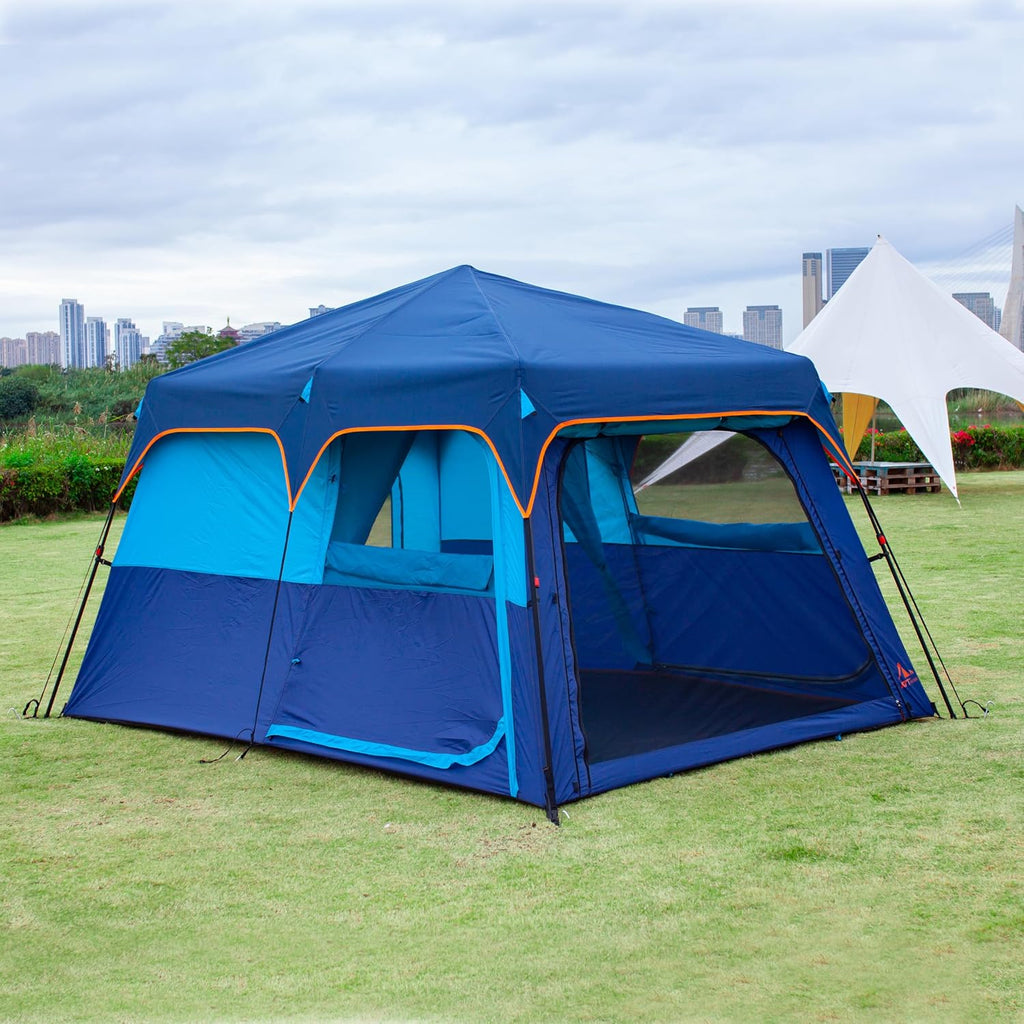 KTT Extra Large Tent 8-10-12-14 Person(A),Family Cabin Tents,2 Rooms,3 Doors and 3 Windows with Mesh,Straight Wall,Waterproof,Double Layer,Big Tent for Outdoor,Picnic,Camping,Family Gathering