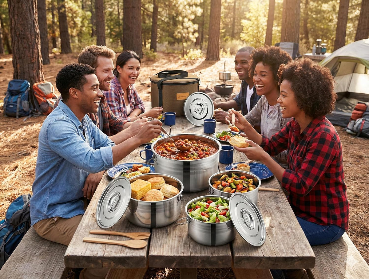 Wealers Camping Cookware Set - Compact Stainless Steel Campfire Cooking Pots and Pans | Combo Kit with Travel Tote Bag | Rugged Outdoor Cook Set for Hiking | Barbecues | Beach